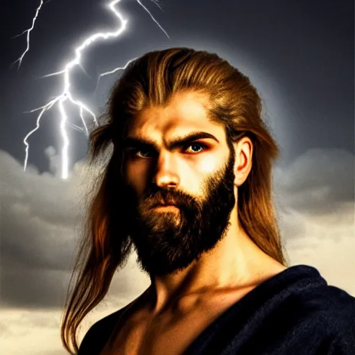 Image similar to Portrait of a godly Zeus with a strong jawline and white eyes, looking powerful, with lightning in the background