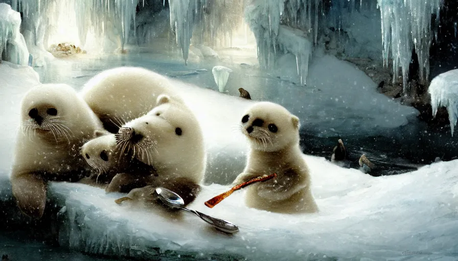 Image similar to highly detailed closeup painting of cute furry white baby seals eating fish inside a snowy fantasy ice crystal cavern by william turner, by greg rutkowski, by william constable, thick brush strokes and visible paint layers, 4 k resolution