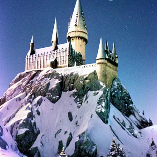 Image similar to 1 9 9 0 s photograph of hogwarts castle at nighttime, snow covered, womping willow is visible.