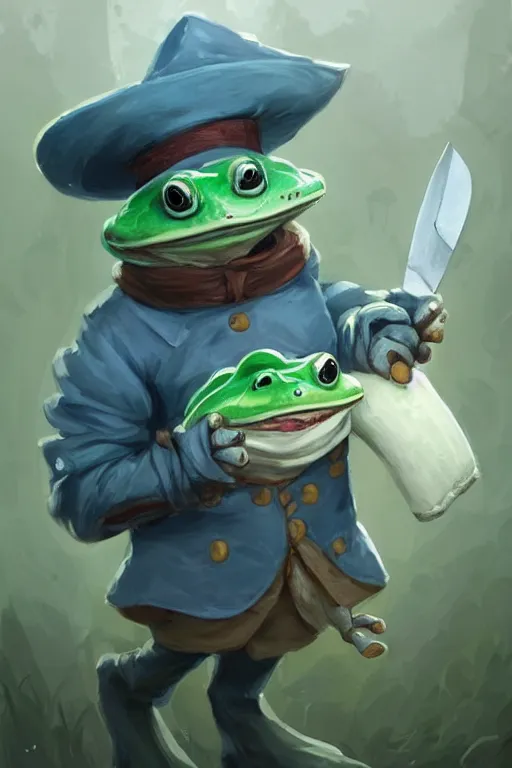 Image similar to cute anthropomorphic frog wearing a white butcher coat with a white butcher hat and holding a cleaver knife ,tiny, small, miniature frog, baby animal, short, pale blue armor, cute and adorable, pretty, beautiful, DnD character art portrait, matte fantasy painting, cgsociety Artstation, by Jason Felix by Steve Argyle by Tyler Jacobson by Peter Mohrbacher, cinematic lighting