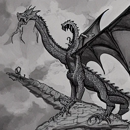 Image similar to detailed image of a Mike Mignola style dragon and of a castle