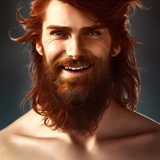 Image similar to portrait of a young ruggedly handsome but joyful pirate, male, masculine, upper body, red hair, long hair, d & d, fantasy, playful smirk, intricate, elegant, highly detailed, digital painting, artstation, concept art, matte, sharp focus, illustration, art by artgerm and greg rutkowski and alphonse mucha