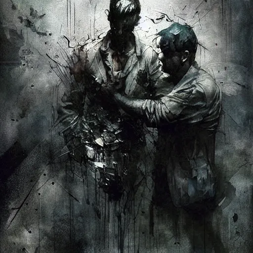 Image similar to man stealing energy from another man by emil melmoth zdzislaw belsinki craig mullins yoji shinkawa realistic render ominous detailed photo atmospheric by jeremy mann francis bacon and agnes cecile ink drips paint smears digital glitches glitchart