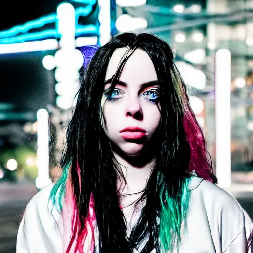 Image similar to beautiful billie eilish in the street, explosion of neon lights, close up, 5 0 mm lens, model photography detailed realistic
