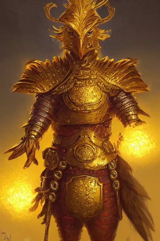 Image similar to a chicken warrior wearing golden armor in a castle, fantasy, intricate, highly detailed, digital painting, HQ, trending on artstation, illustration, style of Stanley Artgerm and Greg Rutkowski and Dan Mumford