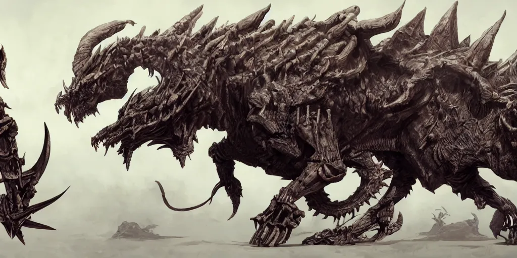 Image similar to skeleton bull creature made out of dragon bones character design sheet, Monster Hunter Illustrations art book, shadow aura, huge horns, Moebius, Greg Rutkowski, Zabrocki, Karlkka, Jayison Devadas, Phuoc Quan, trending on Artstation, 8K, ultra wide angle, zenith view, pincushion lens effect.