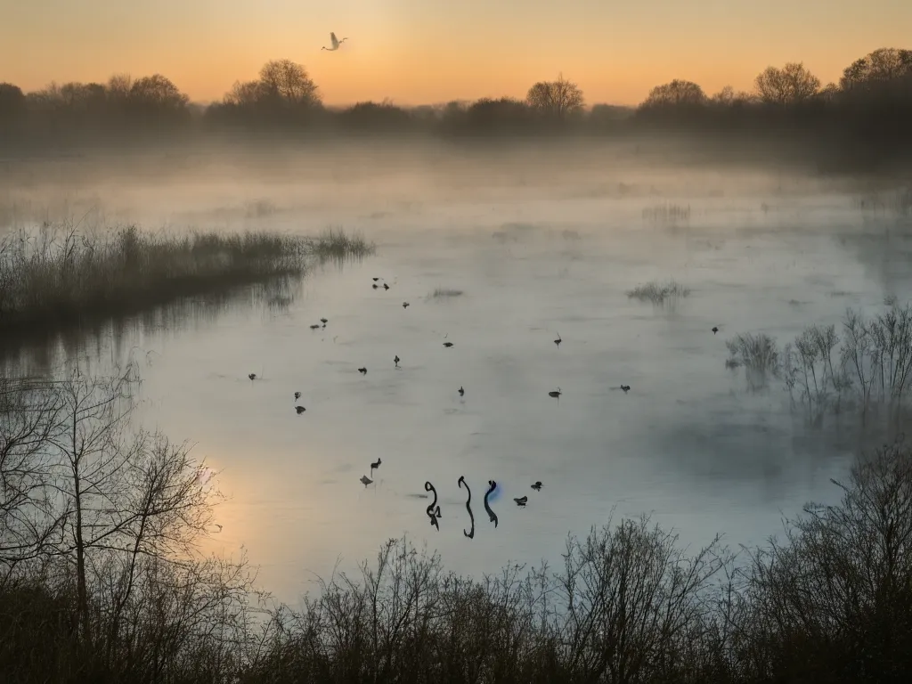 Image similar to A landscape photo taken by Kai Hornung of a river at dawn, misty, early morning sunlight, cold, chilly, two swans swim by, rural, English countryside