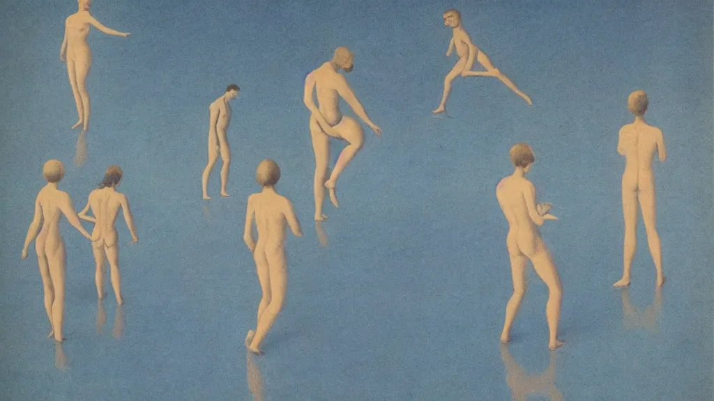 Image similar to A vintage scientific illustration from the 1970s of a choreography for people who can walk on water by René Magritte