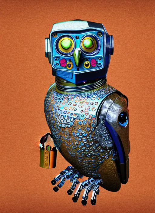 Image similar to colored pencil and pen drawing of an animatronic robot owl, bird made from rusty old keys and padlocks, cosmic background, 8 k photorender realityengine