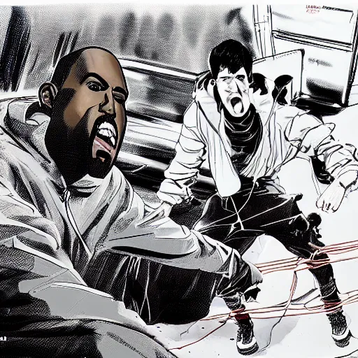 Image similar to Kanye West beating up Pete Davidson in Akira (1988), detailed, illustration, 8K concept art, cel shaded