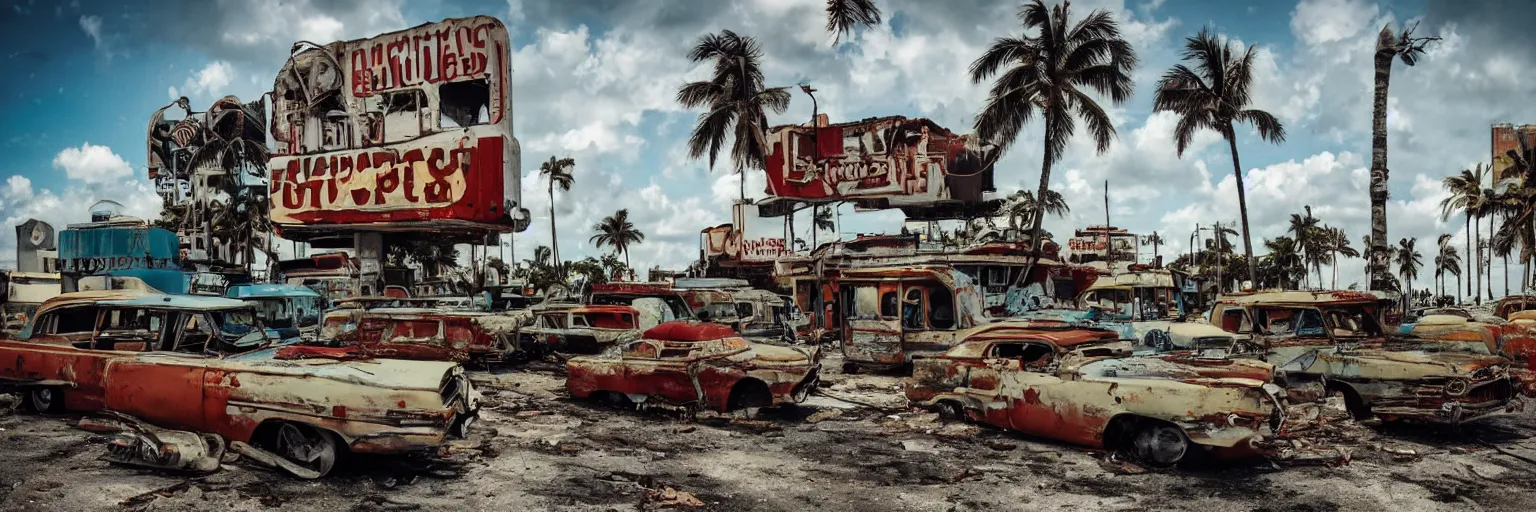 Prompt: low wide angle shot of dilapidated fallout 5 miami, tropical coastal cityscape, desolate, dilapidated neon signs, few rusted retro futuristic vintage parked vehicles like cars, buses, trucks, trams, sunny weather, few clouds, volumetric lighting, photorealistic, daytime, spring, sharp focus, ultra detailed, 4 0 0 0 k