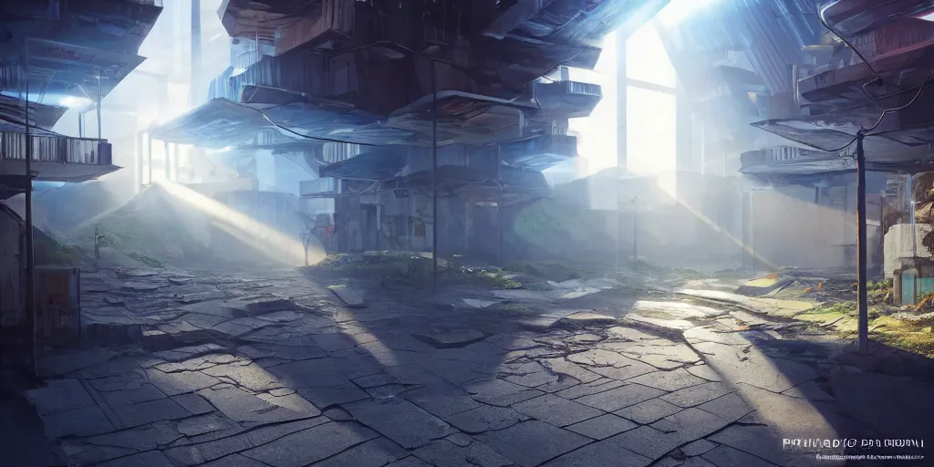 Prompt: Bright Beams of Light Shoot out of cracks in the ground, Futuristic Favela, Hyperrealistic Rendering, Photorealism, Raytracing, Anamorphic Lens, Artstation, detailed