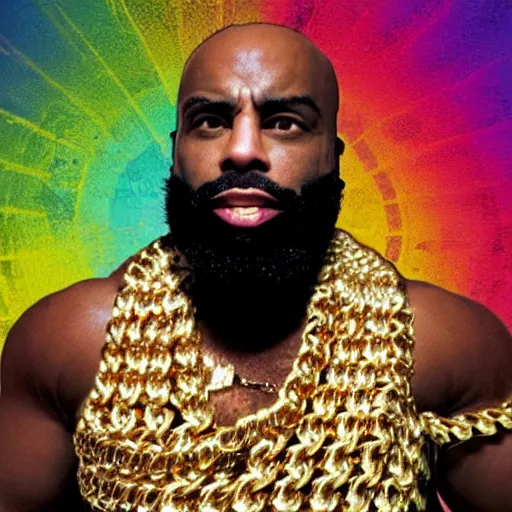 Image similar to a photograph of joe rogan as mr. t wearing many gold chains with a psychedelic dmt background