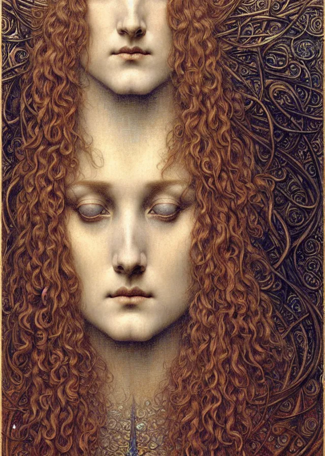 Image similar to detailed realistic beautiful young medieval queen face portrait by jean delville, gustave dore and marco mazzoni, art nouveau, symbolist, visionary, gothic, pre - raphaelite. horizontal symmetry