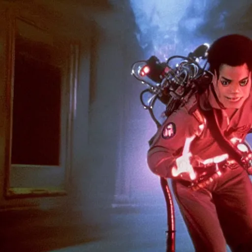 Image similar to stunning awe inspiring michael jackson with a highly detailed face as a ghostbuster in the movie ghostbusters, movie still 8 k hdr atmospheric lighting