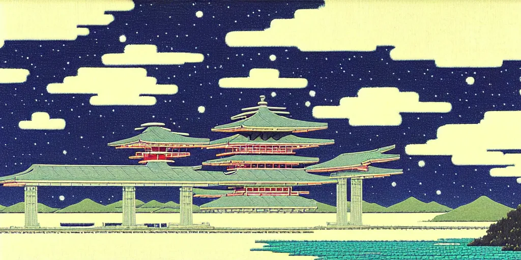 Image similar to a space station by kawase hasui. hd