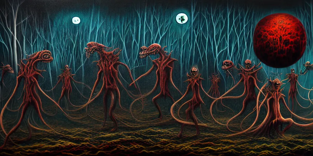 Image similar to creatures lurking in the collective unconscious, in a dark surreal painting by ronny khalil