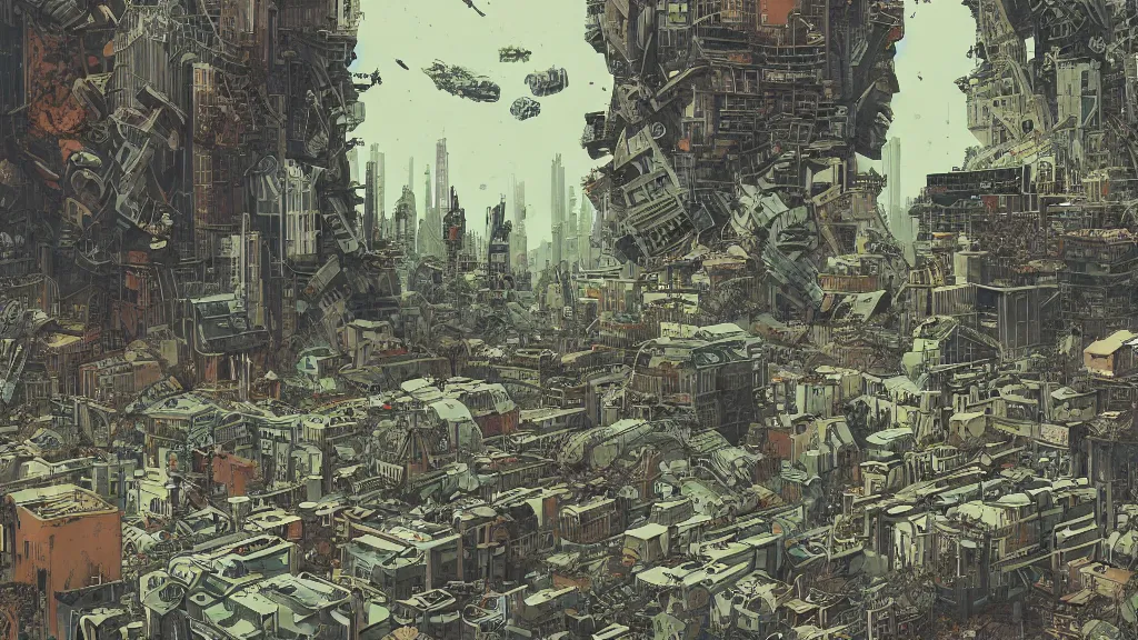 Image similar to very detailed, prophet graphic novel, ilya kuvshinov, mcbess, rutkowski, simon roy, illustration of decrepit arcologies skyline dystopian megacity with space junk floating in the sky on a dead planet earth, nature taking city back, flourishing jungle covering ruins, wide shot, colorful, deep shadows, astrophotography