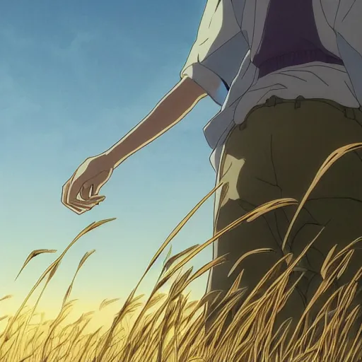 Image similar to anime, sharp focus, breath taking beautiful, Aesthetically pleasing, field of grain at golden hour, digital concept art by Hayao Miyazaki and Akira Toriyama and Makoto Shinkai and Studio Ghibli, fine art, official media, high definition, illustration, ambient lighting, HDR, HD, 8K, award winning, trending, featured, masterful, dynamic, energetic, lively, elegant, intricate, complex, highly detailed, Richly textured, Rich vivid Color, masterpiece.