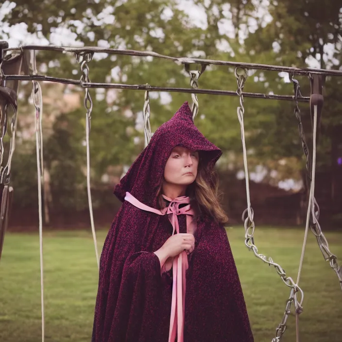 Image similar to a closeup portrait of a woman wearing a cloak made of ribbons, staring at an empty swing playground, claymation, canon eos c 3 0 0, ƒ 1. 8, 3 5 mm, 8 k, medium - format print