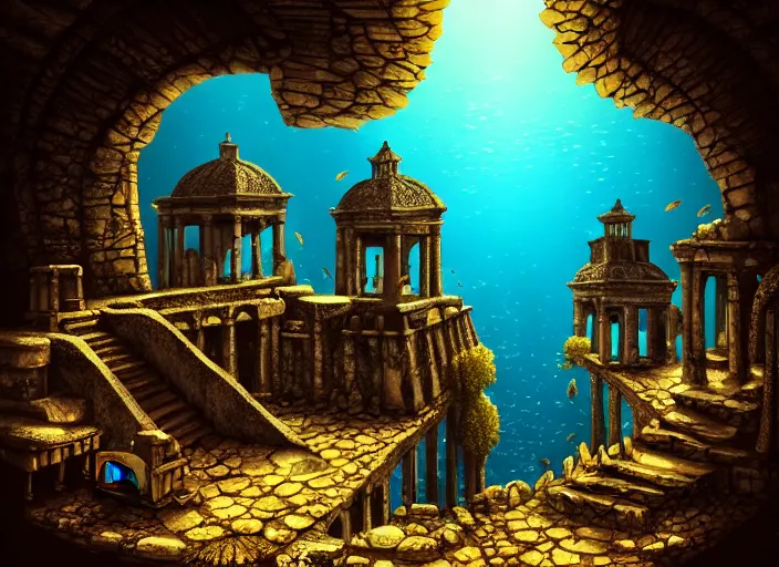 Prompt: ancient ruins favela, underwater environment, arches, urns, scenery, professional, award - winning, trending on artstation, hyper detailed, realistic, beautiful, emotional, shiny, golden, picture