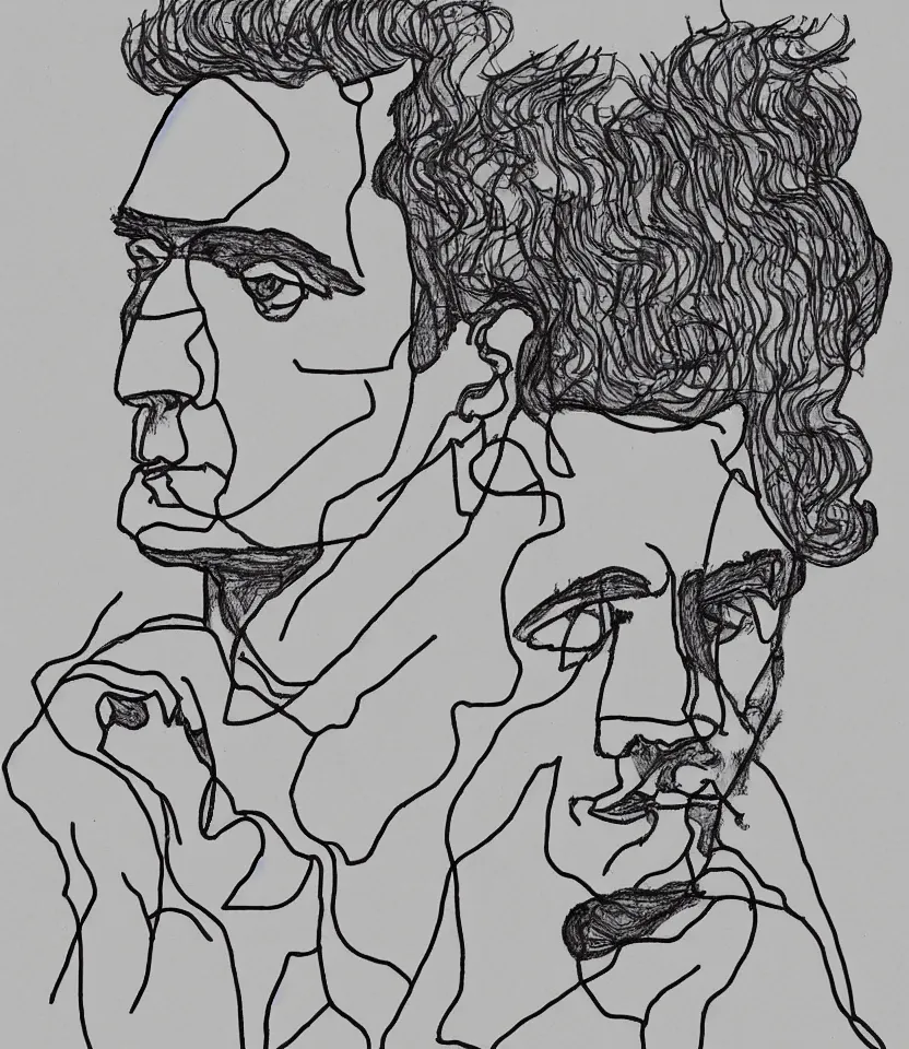 Prompt: minimalist line art portrait of german composer ludwig van beethoven, inspired by egon schiele. contour lines, freestyle twirls and curves, musicality