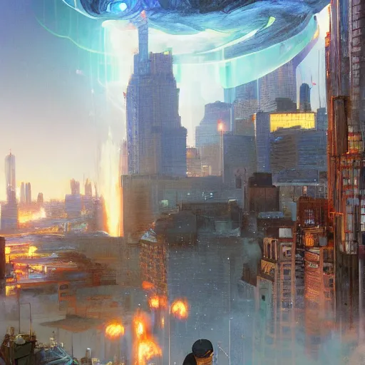 Image similar to louisiana chef justin wilson using eye lazers, destroying a cityscape, 8 k, highly detailed, digital painting, unreal engine tech demo, vivid colors, artstation, art by artgerm and greg rutkowski and alphonse mucha