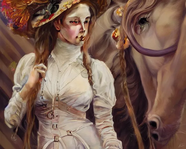 Image similar to a beautiful realistic portrait painting of liz katz in the victorian sydney australia at a horse racing derby, intricate, elegant, highly detailed, digital painting, artstation, concept art, by krenz cushart and artem demura and alphonse mucha