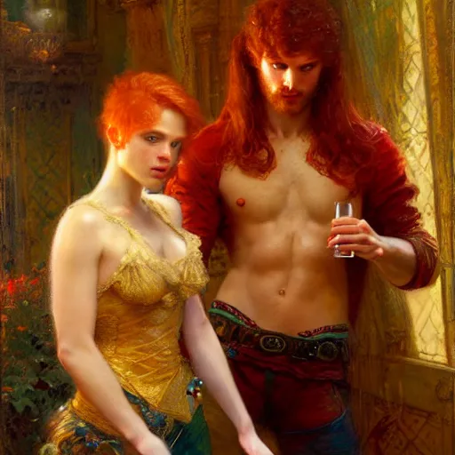 Prompt: attractive mike with ginger hair with attractive tyler with brunet hair, drinking their hearts out, in their noble mansion. highly defined painting, highly detailed painting by gaston bussiere, craig mullins 8 k