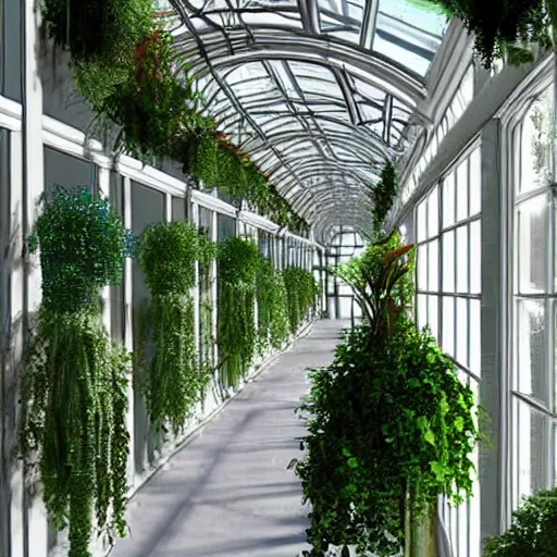 Image similar to victorian greenhouse corridor decorated with potted plants, hyper realism