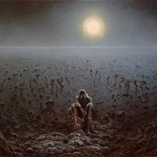 Image similar to a very detailed oil painting of a nightmare landscape scattered with eyeballs and bones, by beksinski, atmospheric, eerie, volumetric light