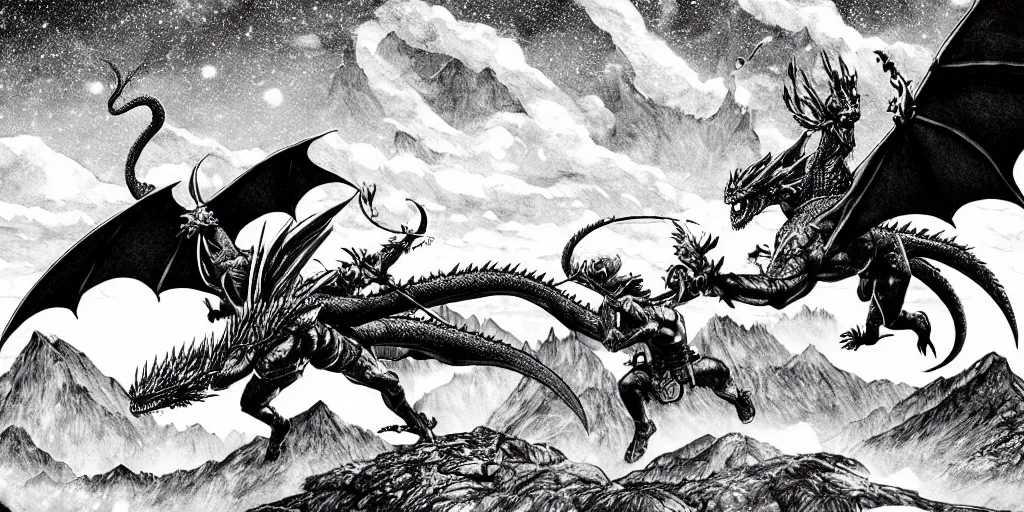 Prompt: archer fighting a dragon under the night sky in front of the mountains. dark fantasy style. epic fight. digital art. black and white. by kentaro miura