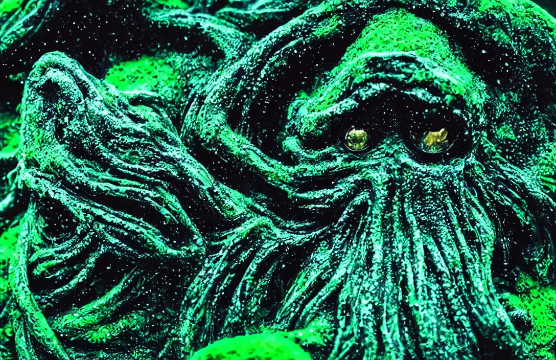 Image similar to cthulhu monster closeup, portrait, under water, glowing algae, sigma lens, strong bokeh, photography, highly detailed, 8 5 mm, f / 1. 3, foggy, dramatic lighting, 4 k