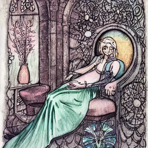 Prompt: a feminine alchemical illustration drawn and painted by Carl Jung, detailed penciling, watercolor, pen and ink, zoomed out to show entire image