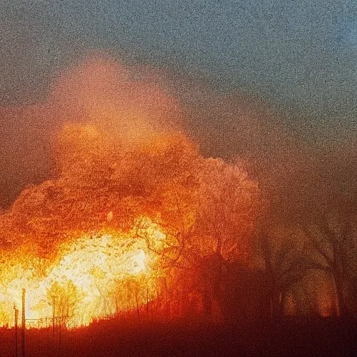 Prompt: biodiversity spawned from the ashes of spiralling dust and fire emerging from the huge valley piles of wires an cable litter the landscape , volumetric lighting shines through the smoke filled sky