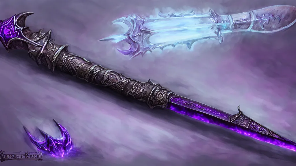 Image similar to 3 feet long broad sword, frostmourne, purple glowing inscription, 8 k, 4 k, concept art, digital painting, game concept art, lord of the rings, fantasy setting