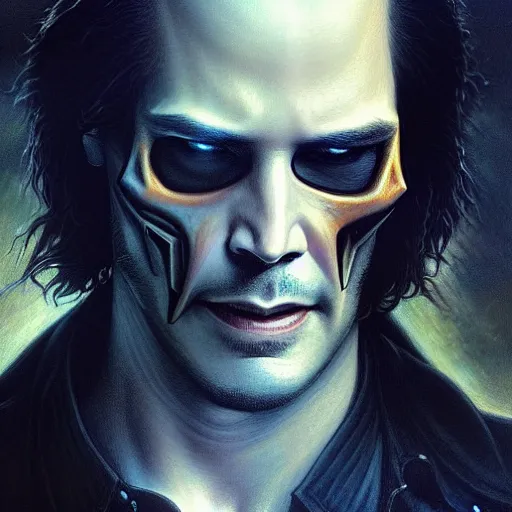 Image similar to handsome Keanu Reeves as Ghost Rider, western, closeup, D&D, fantasy, intricate, elegant, highly detailed, digital painting, artstation, concept art, matte, sharp focus, illustration, art by Artgerm and Greg Rutkowski and Alphonse Mucha