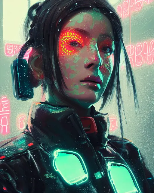 Image similar to detailed side profile portrait Neon Operator Girl, cyberpunk futuristic neon, reflective puffy coat, decorated with traditional Japanese ornaments by Ismail inceoglu dragan bibin hans thoma greg rutkowski Alexandros Pyromallis Nekro Rene Maritte Illustrated, Perfect face, fine details, realistic shaded, fine-face, pretty face