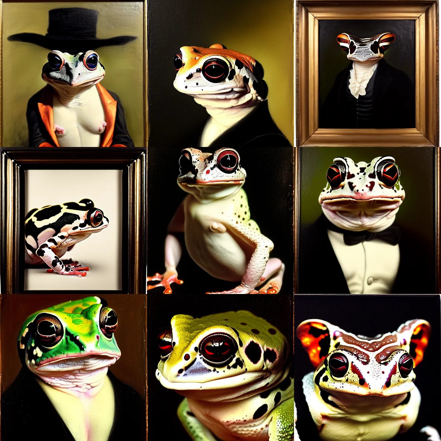 Prompt: a head - and - shoulders portrait of an amazon milk frog with a black frock coat, an american romanticism painting, a portrait painting, cgsociety, soft focus, oil on canvas