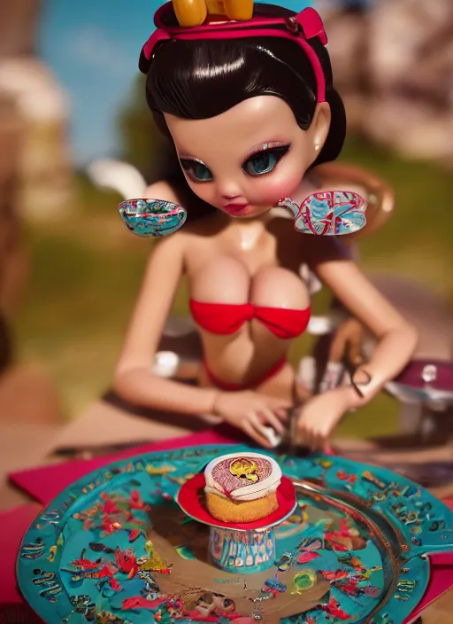 Prompt: closeup of a tin toy bikini girl eating cakes, depth of field, zeiss lens, detailed, symmetrical, centered, fashion photoshoot, by nicoletta ceccoli, mark ryden, lostfish, earl nore, hyung tae, frank frazetta, breathtaking, 8 k resolution, extremely detailed, beautiful, establishing shot, artistic, hyperrealistic, octane render