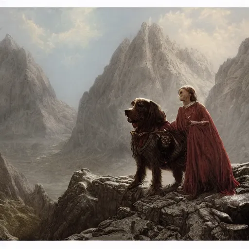 Image similar to dog with a blog, artstation, tolkien, highly detailed matte painting, gustave dore, victorian painting