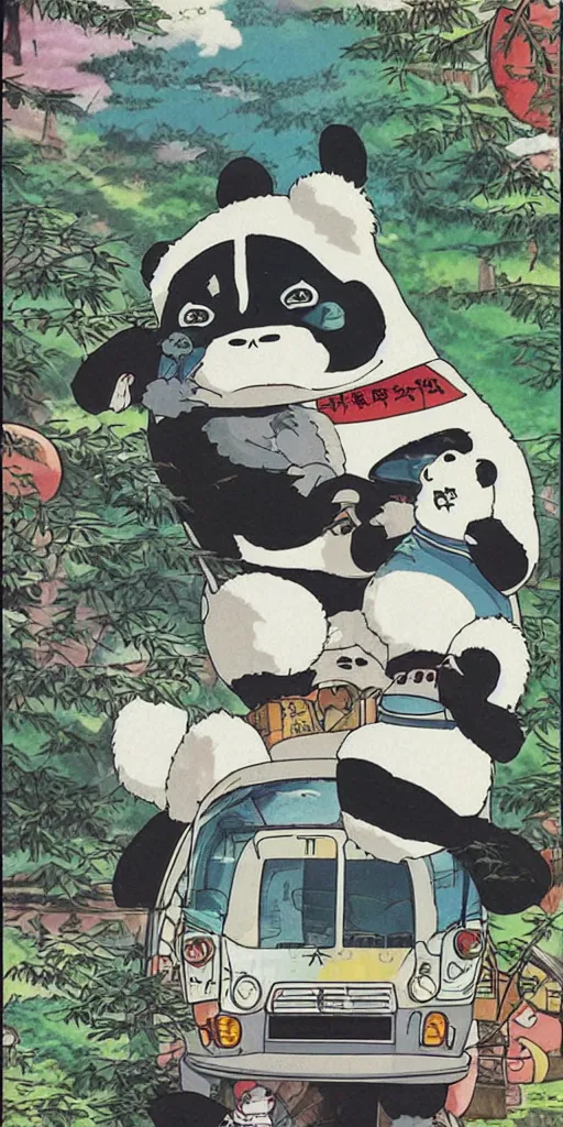 Image similar to a panda bus in japan like totoro, 1990s anime, full color, tarot card the chariot, highly detailed ,