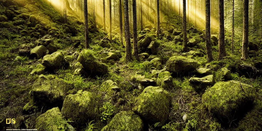 Image similar to lush rocky forest, dense vegetation, against light, bright details, contrasting, daylight, highly detailed, by dieter rams 2 0 0 0, national geographic magazine, reportage photo, natural colors