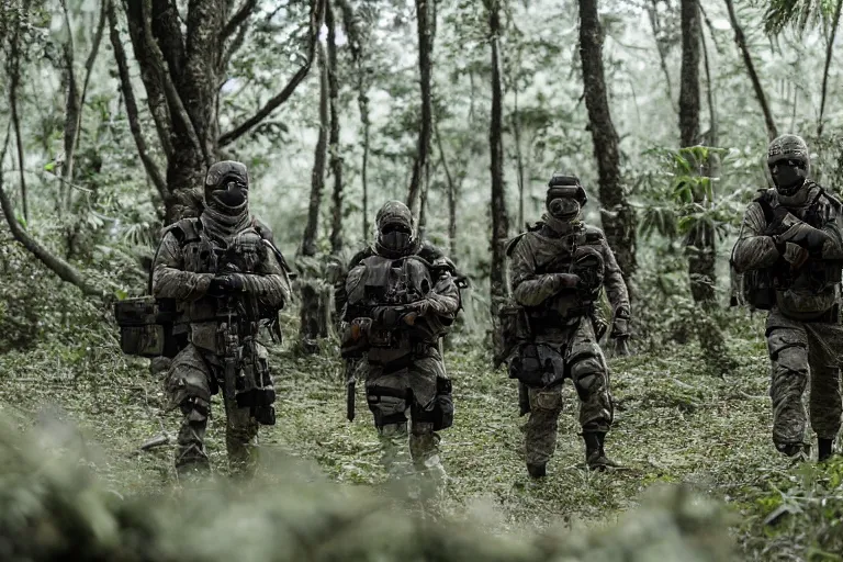 Image similar to Mercenary Special Forces soldiers in grey uniforms with black armored vest in a battlefield in the jungles 2022, Canon EOS R3, f/1.4, ISO 200, 1/160s, 8K, RAW, unedited, symmetrical balance, in-frame, combat photography