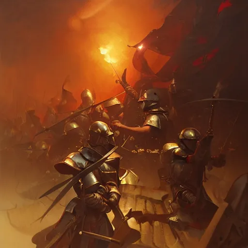 Image similar to commander at the battle field of a medieval war between golden soldiers and black red iron soldiers, dramatic lighting, intricate, wild, highly detailed, digital painting, artstation, concept art, smooth, sharp focus, illustration, art by artgerm and greg rutkowski and alphonse mucha