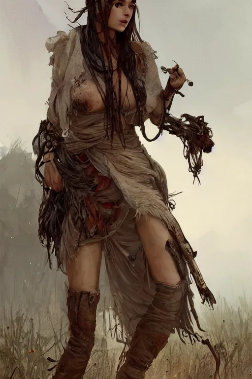 Prompt: a full body portrait of a beautiful post apocalyptic offworld huntsman ’ s quarter bedouin blind pulp fiction scarlet wild rogue barbarian leper begging by the roadside, intricate, elegant, highly detailed, digital painting, artstation, concept art, smooth, sharp focus, illustration, art by krenz cushart and artem demura and alphonse mucha
