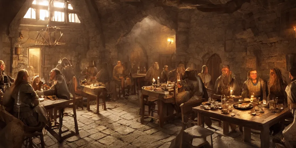 Image similar to an medieval tavern created movie directed by director Roy Andersson movie by artgem lau , WOP, Andrey Surnov, Jessica Rossier, cgsociety, 8k