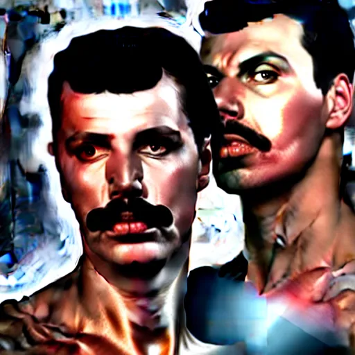 Prompt: wide - angle shot of egor letov and freddy mercury, photorealistic, highly detailed, digital art, by artgerm, 4 k