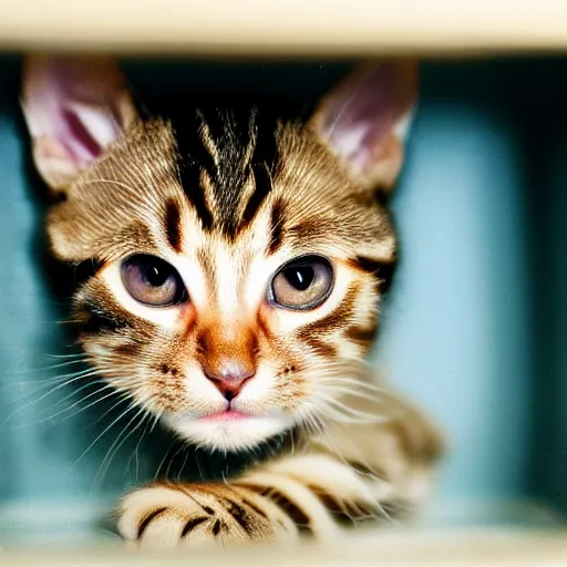Prompt: a tabby kitten in an shut oven looking at the camera