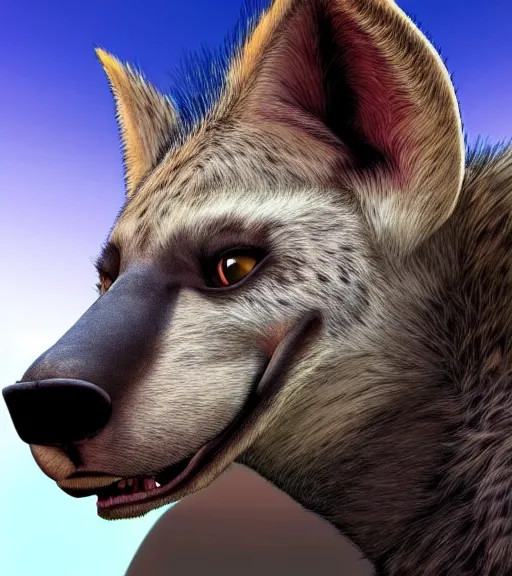 Image similar to digital detailed portrait of anthromorphic female hyena, in style of zootopia, fursona, furry, furaffinity, 4 k, deviantart, wearing astronaut outfit, in style of disney zootopia, floating in space, space background, in deep space, dark background, hyena fursona, cyberpunk, female, detailed face, style of artgerm,